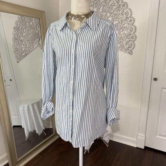 Ingrid Isabel Cotton Rayon Blend Blue White Preppy Striped Button Up Blouse  L - Picture 3 of 8